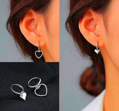 2 Design Heart Hoop 925 Sterling Silver Stud Sleeper Earrings Women Jewellery UK • £3.19