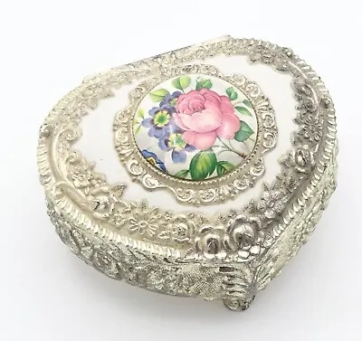 Vintage Japanese Silver Plated Ceramic Floral Trinket Jewellery Box • £17.95