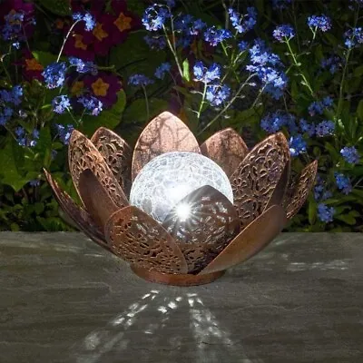 Solar Lotus Flower Light LED Damasque Bronze Glass Crackle Ball Ornament 28cm • £16.99