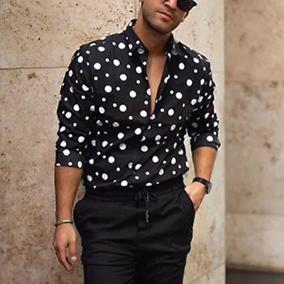 Men Long Sleeve Polka Dot Printed Shirt Summer Holiday Button Down Top T Shirts • $16.74