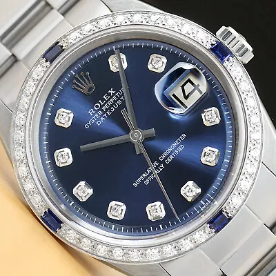 Mens Rolex Datejust Blue Diamond Sapphire 18k White Gold Stainless Steel Watch • $5499