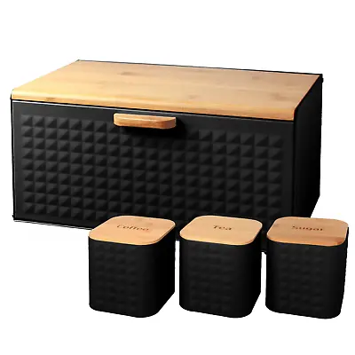 Set Of 4 Black Tea Coffee Sugar Canisters And Bread Bin Storage Container Set • £34.99