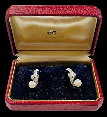 Vintage Signed Mikimoto  Akoya Pearl Silver Screw Back Earrings In Original Case • $224.95
