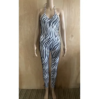 Curtain Call Women's Zebra Halter Lace-Up Jumpsuit Catsuit Sz Small 1970s/1980s • £38.07