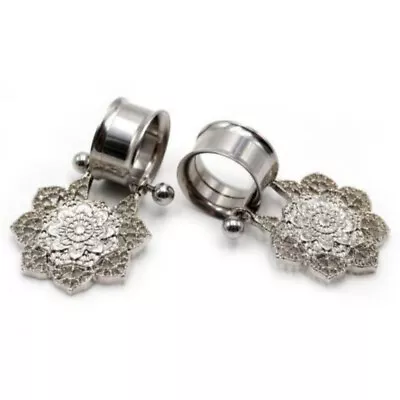 Pair Flower Design Dangle Ear Gauges Plugs Ear Tunnels Body Jewelry Piercings • $16.37