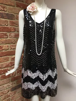 Vintage Style 1920s Oasis Black Flapper Sequin Gatsby Party Dress Size 12-14 • £74.95