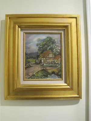 Vintage Gold Foil Wood Framed Country Cottage Oil Painting Artist Signed 16x18 • $59.99