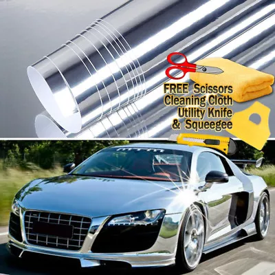 96  X 60  Silver Chrome Mirror Vinyl Film Wrap Sticker Stretchable 8ft X 5ft • $55.69