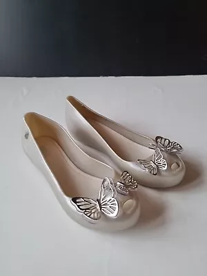 Melissa Flat Shoes In Glittery Ivory Butterfly Decal Size EU 35/36 UK Size 3 • £19.99