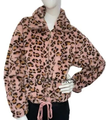 Victorias Secret PINK Know One Cares Semi Cropped Faux Fur Jacket Pink Leopard • $22.49