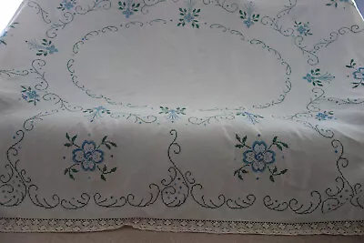 Vintage Large Handmade Embroidered Cross Stitch Lace Edge Tablecloth 73”x100” • £50