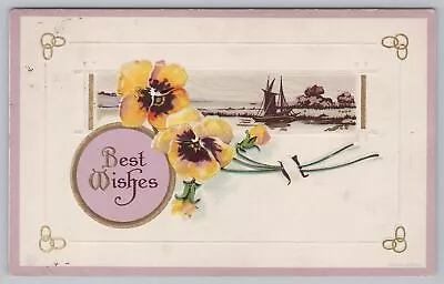 Stecher~51 F~Best Wishes~Yellow & Brown Flowers~Sailboat On Water~PM 1916 PC • $3.30