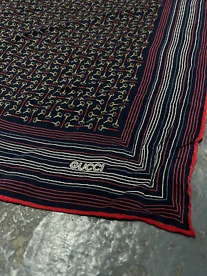 Gucci Vintage Navy Red Silk Horse Bit Print Scarf • $200