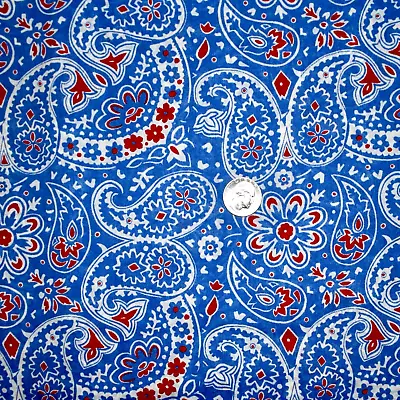 VINTAGE Quilt Craft FABRIC Blue Red WESTERN BANDANA PAISLEY Print BTY 1Yard 44 W • $5
