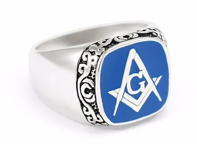 Masonic Sterling Silver Ring With Blue Square & Compass | Freemasonry Gifts • $47.99