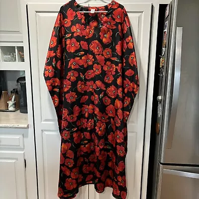 Vintage Kaftan MuMu Moo Moo Loungewear Satin Red Poppy Flower Dress Gown Robe • $60