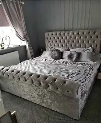 £285.59 • Buy NEW Sleigh Chesterfield Scroll Upholstered Designer Crushed Velvet Bed 