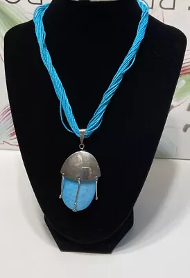 Vintage Turquoise Pendant Necklace  Sterling Silver With Cotton Treads • $40.50