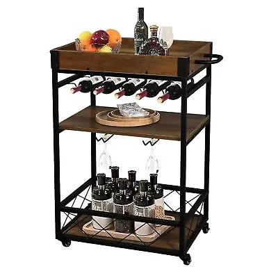 Kitchen Cart Bar Serving Rolling Storage 3 Tiers Shelf Bottle Wine Glass Rack • $108.99