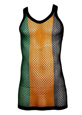 Men's Fitted Camo Rasta Jamaica Stripe 100% Cotton String Vest Mesh Fishnet Top • £7.90