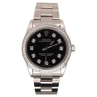 Rolex Oyster Perpetual 31mm 1.75ct Diamonds Black DialSteel Watch Ref 77080 • $8938.87