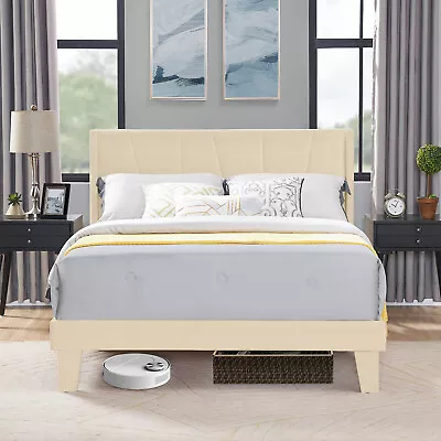 Full Metal Bed Frame Upholstered Headboard Platform Velvet Beige Bedroom NEW USA • $198.99