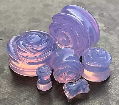 PAIR Lavender Opalite Carved Flower Double Flare Plugs Stone Glass Earlet Gauges • $14.95