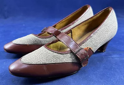 Vintage Naturalizer 1960 Unworn Woven Woolen Tweed Brown Leather Mary Jane Shoes • $60.99