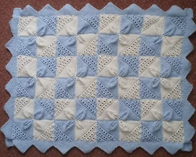 Beautiful Hand Knitted Baby Blue And White Pram/cot Blanket • £12