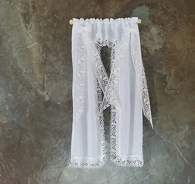 Dollhouse Curtains White Lacy With Curtain Rod 1:12 Scale Miniatures Handmade • $15.75