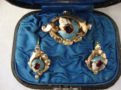 Antique Old Wien Austria Biedermeier 14k Gold Enamel Brooch & Earrings Set 1840! • $4800