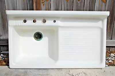 Vintage Antique Farmhouse Drain Board Sink Cast Iron White Porcelain 1940's • $575