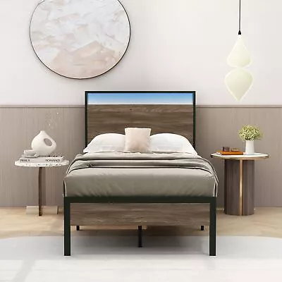 Industrial Bed Frame/King/Queen/Full/Twin/Metal Platform/Rustic Wood Headboard • $175.42