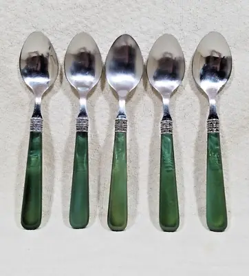 Vintage Stainless Steel 6  Spoons W/ Green Bakelite Handles - Set Of 5 • $40