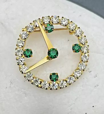 Vintage Foil Backed Green & Clear Prong Set Rhinestone Clock Pin Gold Metal • $19