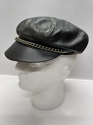 Vintage 70s Motorcycle Biker Hat Cap Black Genuine Leather One Size Made In USA • $14.99