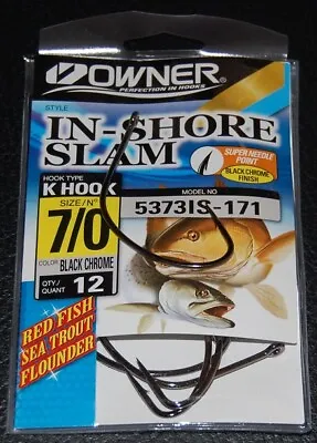 Owner 5373IS-171 In Shore Slam Size 7/0  K Hooks 12 Pack Flounder Red Fish Trout • $9.99