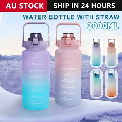 2L Water Sports Bottle Straw Cup Motivational Drink Flask With Time Markings Gym • $12.34