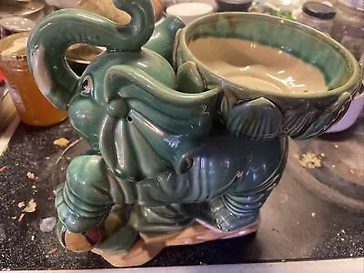 Vintage Ceramic Majolica Elephant  Trunk Up Green Planter 10”x8 “Rare  EC • $40