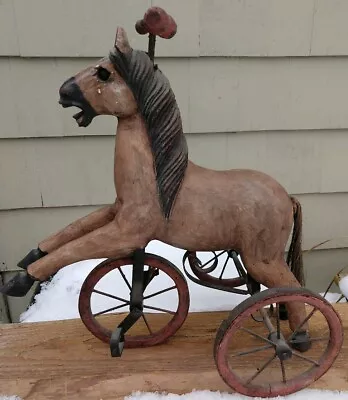 Antique Doll Wood & Iron Hand Carved Horse Tricycle 1800's  France? Beautiful • $1200