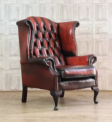 SUPERB Oxblood Red Leather Chesterfield Wingback Chair #81 *FREE DELIVERY* • £395