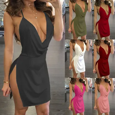 $21.38 • Buy Fashion Womens Sexy Deep V-Neck Halter Backless Slit Mini Party Club Dress