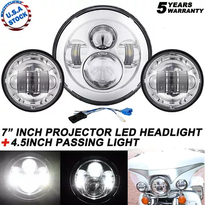 $53.99 • Buy 80W 7  LED Projector Headlight + Passing Lights Fit For Harley Touring Chrome