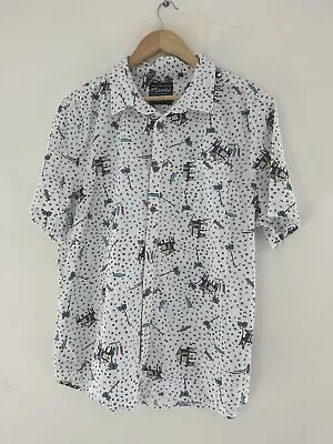 MAMBO Short Sleeve Button Up Shirt Size XL Hawaiian Bali Hut Surfboard Palm Tree • $20.15