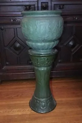 Vintage Weller Arts Crafts Matte Green Art Pottery Griffin Jardiniere & Pedestal • $1500