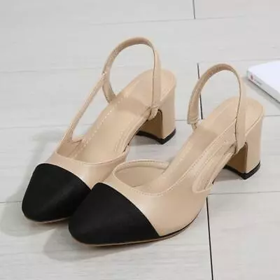 Women Pointed Toe Black Beige Slingbacks Elegant Sandals Buckle Block Heel Shoes • $32.75