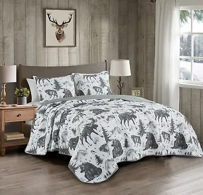 Chezmoi Collection Denver Cabin Lodge Grizzly Bear Printed Quilt Bedspread Set • $49.99