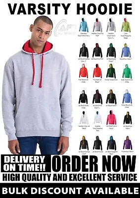 Just Hoods AWDis Varsity Hoodie Plain Pullover Hooded Jumper Casual Gym JH003 • £18.49