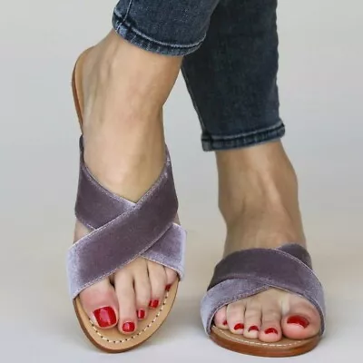 MYSTIQUE Bern Size 10 Velvet & Leather Slides Slip On Flat Sandals Lavender NEW • $79