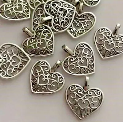 Tibetan Silver Heart Charms Filigree Pattern Pendants 18mm X 15mm C45 • £2.59